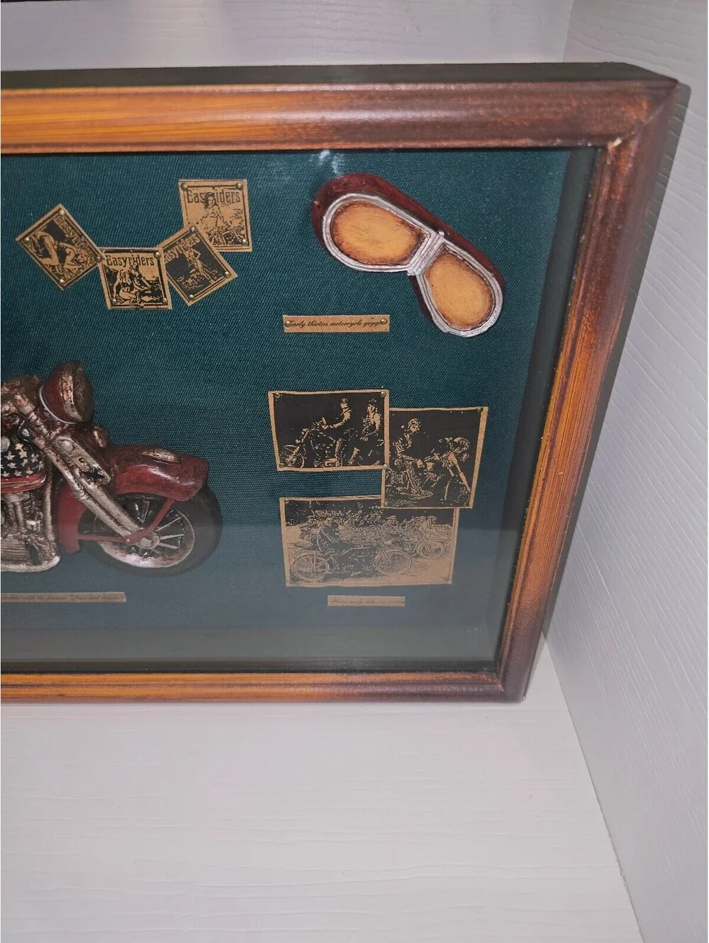 Vintage Biker Motorcycle Shadow Box 3D Wall Art Red American Flag Bike Goggles